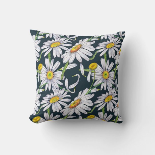 Chamomile Flowers: Mörk blått Watercolor. Kudde (Framsida)