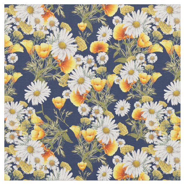 Chamomiles och Poppies Tyg (Närbild)