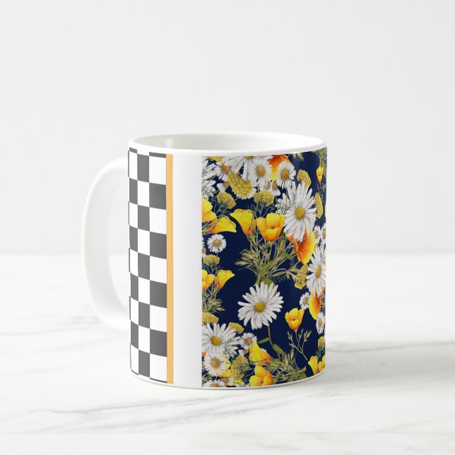 Chamomiles Poppies och Checkerboard Kaffemugg (Framsida vänster)