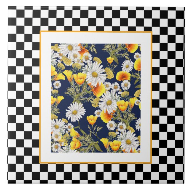 Chamomiles Poppies och Checkerboard Kakelplatta (Framsidan)