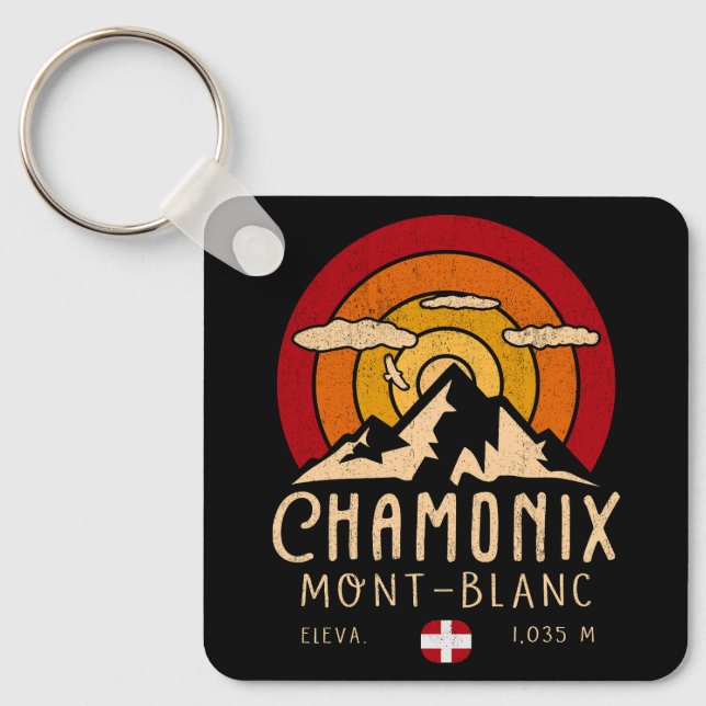 Chamonix Frankrike Retro Sunset Skiing Souvenirs 8 Nyckelring (Framsida)