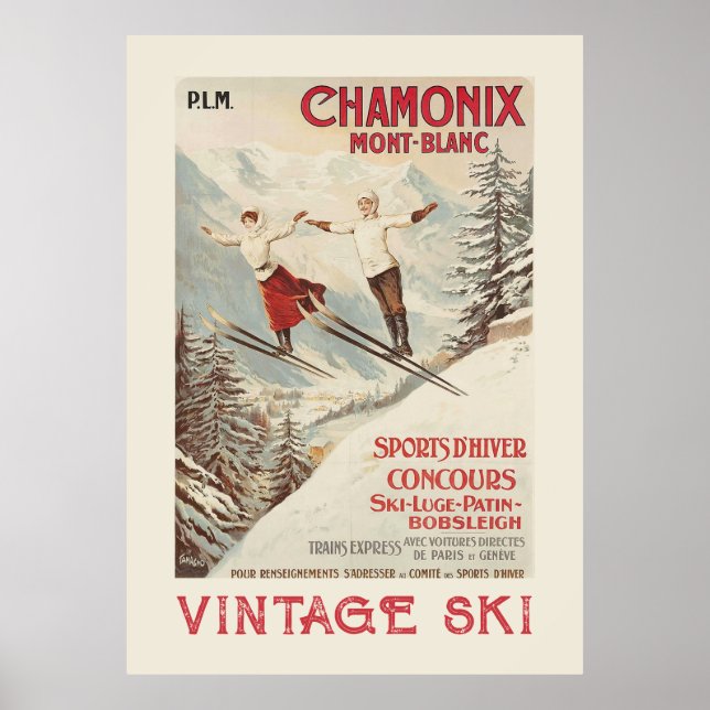 Chamonix Mont Blanc Vintage Fransk Skiing Poster (Framsidan)