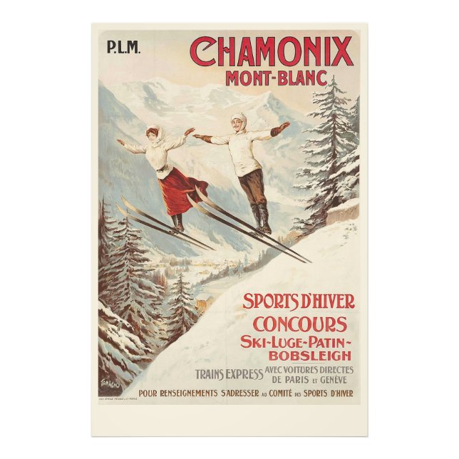 Chamonix Mont Blanc Vintage Fransk Skiing Poster (Framsidan)
