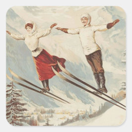 Chamonix Mont Blanc Vintage Fransk Skiing Poster Fyrkantigt Klistermärke