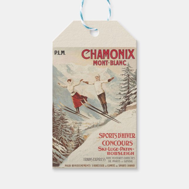 Chamonix Mont Blanc Vintage Fransk Skiing Poster Presentetikett (Framsidan)