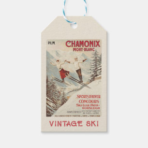 Chamonix Mont Blanc Vintage Fransk Skiing Poster Presentetikett