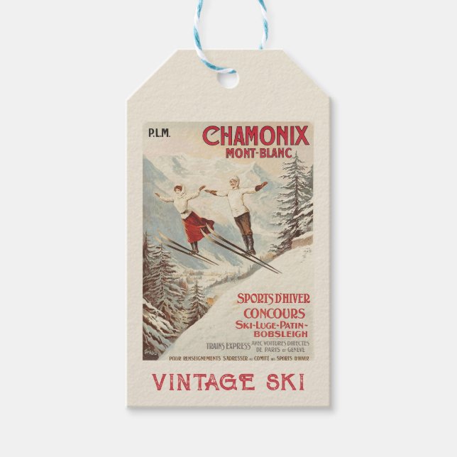 Chamonix Mont Blanc Vintage Fransk Skiing Poster Presentetikett (Framsidan)