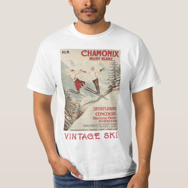 Chamonix Mont Blanc Vintage Fransk Skiing Poster T Shirt (Framsida)