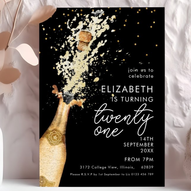 Champagne, 21:a födelsedag med svart Guld Inbjudningar (Skapare uppladdad)