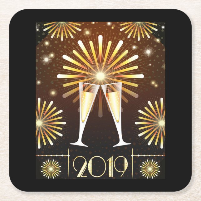 Champagne and Fireworks Nyårsafton 2019 Underlägg Papper Kvadrat (Framsidan)