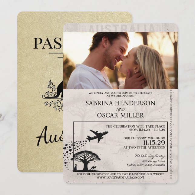 Champagne Australia Passport Wedding bjudande Inbjudningar (Fram/baksida)