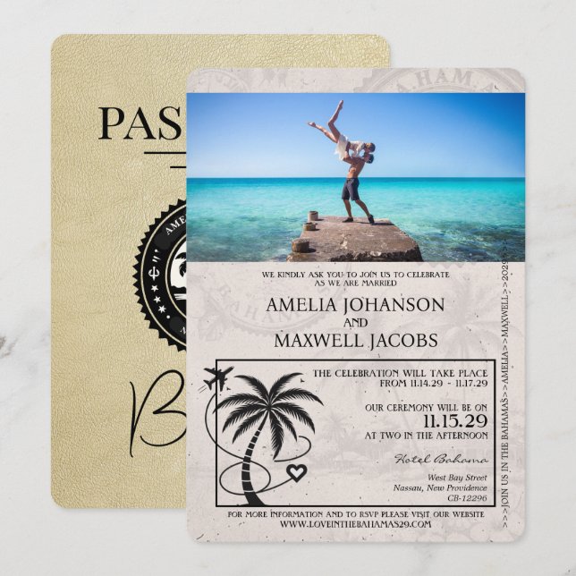 Champagne Bahamas passbröllop Inbjudningar (Fram/baksida)