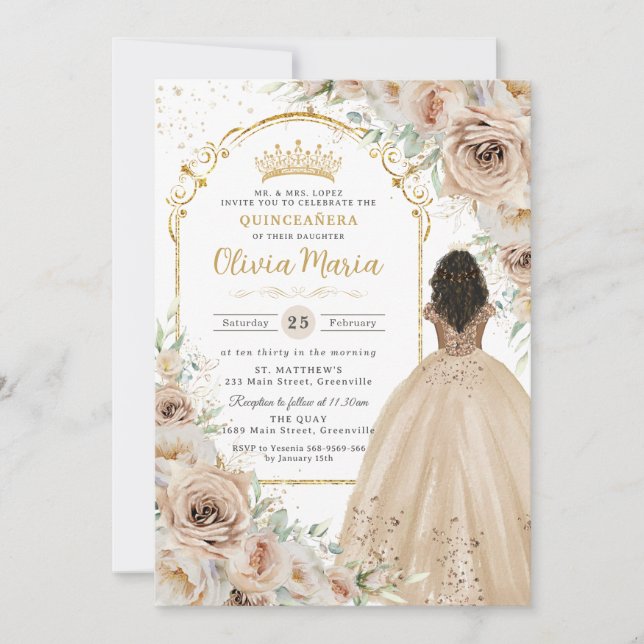 Champagne Beige Cream Blommigt Princess Quinceañer Inbjudningar (Framsida)