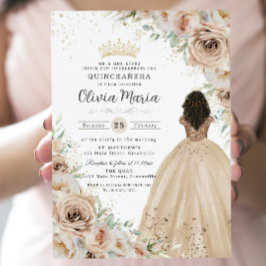 Champagne Beige Cream Blommigt Princess Quinceañer Inbjudningar