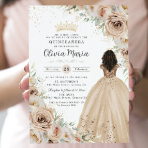 Champagne Beige Cream Blommigt Princess Quinceañer Inbjudningar