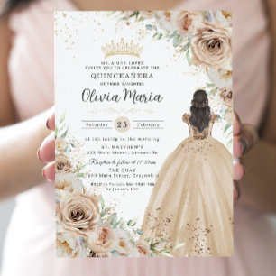 Champagne Beige Cream Blommigt Princess Quinceañer Inbjudningar