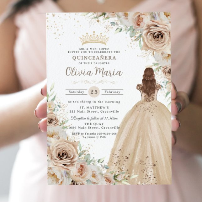 Champagne Beige Cream Blommigt Princess Quinceañer Inbjudningar (Skapare uppladdad)
