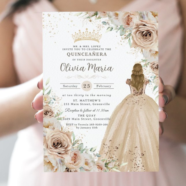 Champagne Beige Cream Blommigt Princess Quinceaner Inbjudningar (Skapare uppladdad)