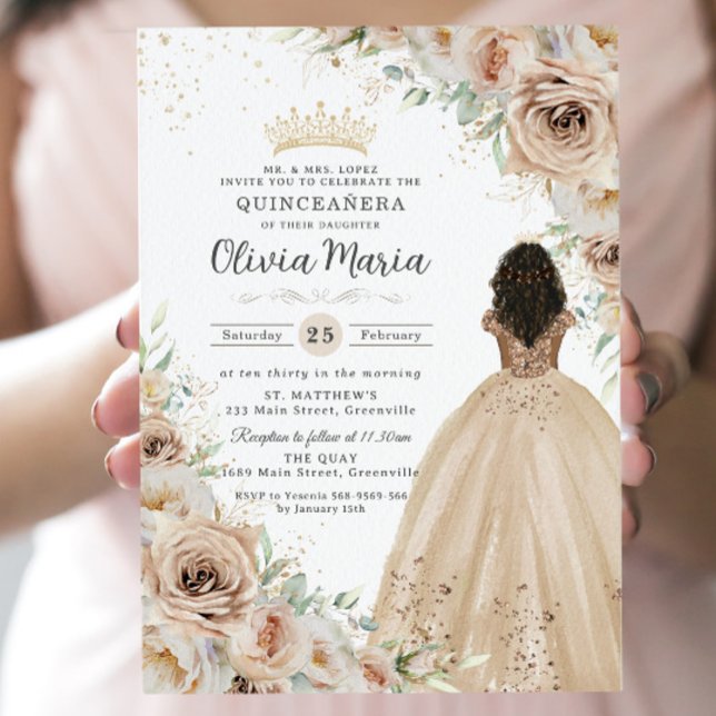 Champagne Beige Cream Blommigt Princess Quinceañer Inbjudningar (Skapare uppladdad)
