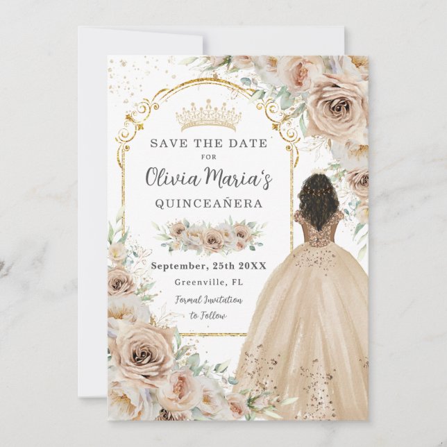 Champagne Beige Cream Blommigt Princess Quinceañer Spara Datumet (Framsida)