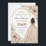 Champagne Beige Cream Blommigt Princess Quinceañer Spara Datumet<br><div class="desc">Anpassa den här eleganten champagne-blommigten Quinceañera / Sweet 16-årsdagen spara datumet enkelt och snabbt. Klicka bara på knappen Anpassa den ytterligare för att redigera texterna, ändra typsnitt och typsnitt färg. Med vackra vattenfärgade champagneblommor, en flicka klädd i en underbar champagne boll-gown och en guld prinsessa krona. Perfekt för quinceanera, sweet...</div>