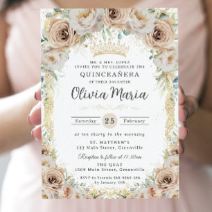Champagne Beige Cream Blommigt Vintage Quinceañera Inbjudningar