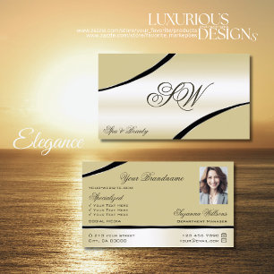 Champagne Beige Curved Decor Linjer Monogram Photo Visitkort