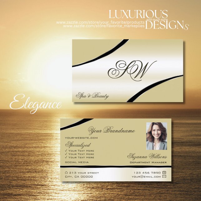Champagne Beige Curved Decor Linjer Monogram Photo Visitkort (Skapare uppladdad)