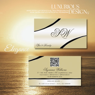 Champagne Beige Curved Linjer Monogram och QR-kod Visitkort