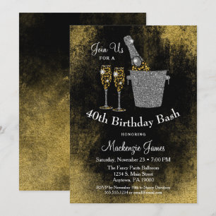 Champagne Birthday bjudande Black Guld Silver Inbjudningar