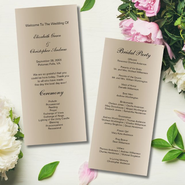 Champagne Black Script-Bröllopsprogram Card Meny (Champagne color Black Script Wedding Program)