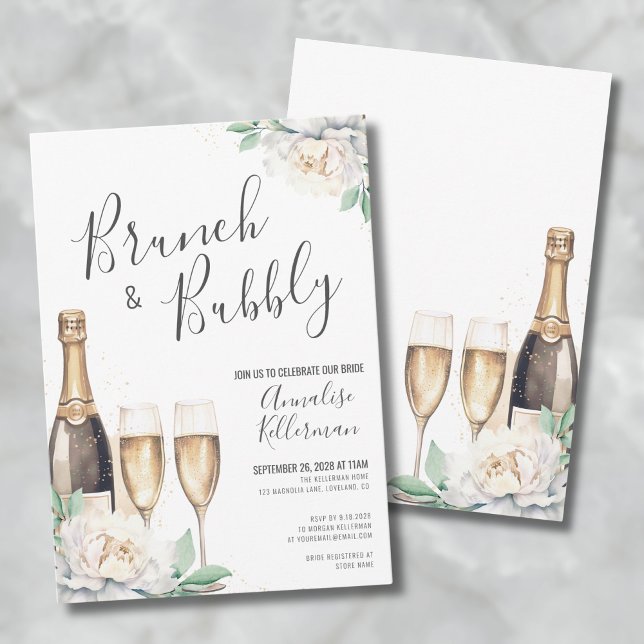 Champagne-Blommigt Brunch och Möhippa av butelj Inbjudningar (Floral Brunch And Bubbly Bridal Shower Invitation)