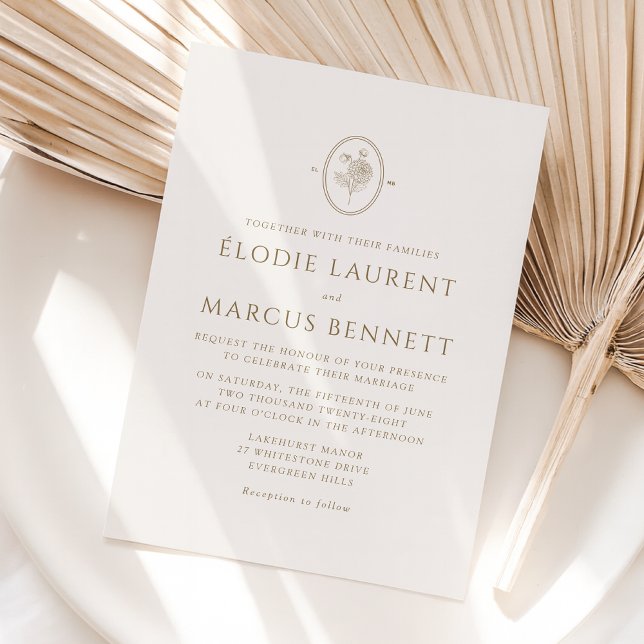 Champagne Blommigt Oval Monogram bröllopsinbjudan Inbjudningar (Skapare uppladdad)