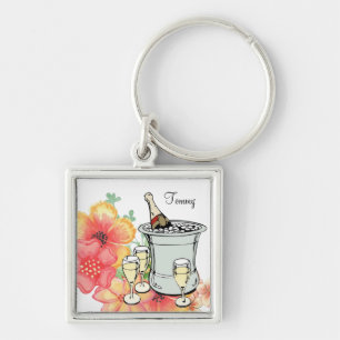 Champagne Blommigt Tie Nyckelring! Fyrkantig Silverfärgad Nyckelring