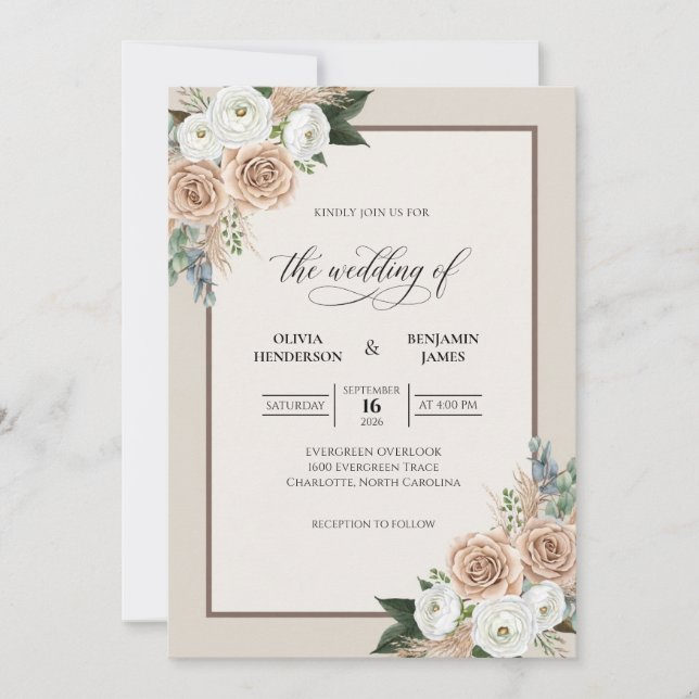 Champagne Bloom Neutral Bröllop Inbjudningar (Framsida)