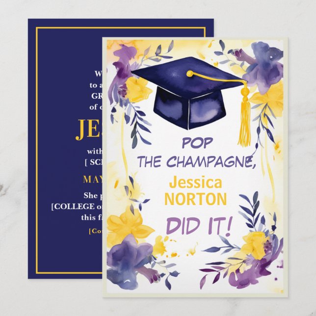 🎓Champagne Blooms Graduation  Inbjudningar (Fram/baksida)