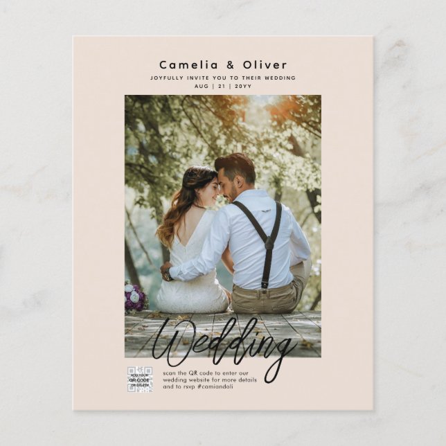 Champagne Blush FOTO Bröllopsinbjudan QR-kod Flygblad (Framsidan)
