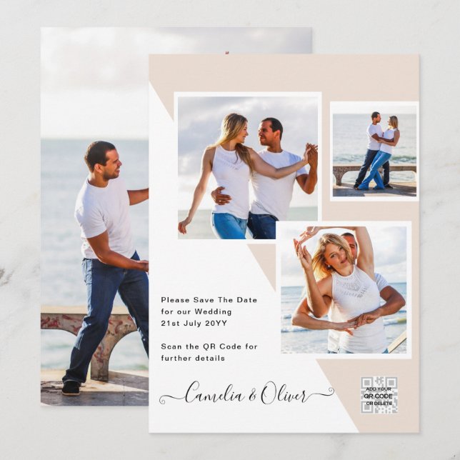 Champagne Blush FOTO Bröllopsinbjudan QR-kod Inbjudningar (Fram/baksida)