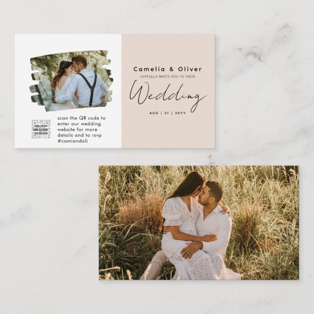 Champagne Blush FOTO Bröllopsinbjudan QR-kod Visitkort (Fram/baksida)