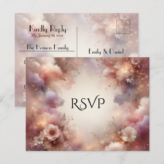 Champagne Blush Stardust Trädgård Bröllop RSVP Inbjudan Vykort (Fram/baksida)