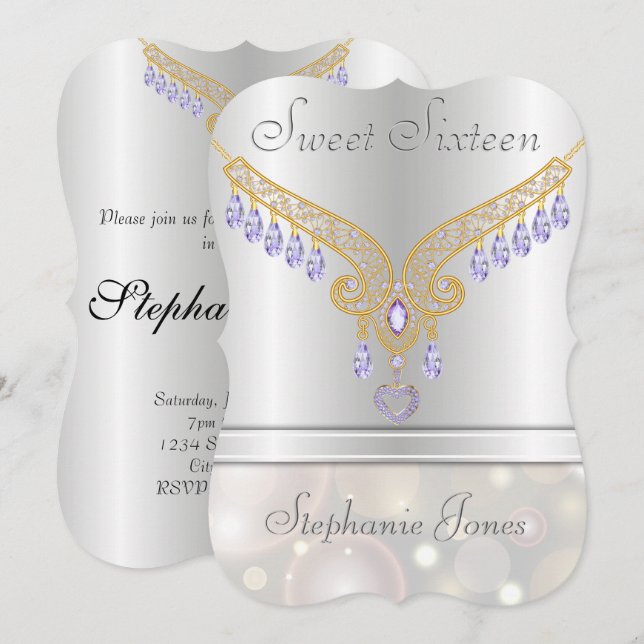 Champagne Bokeh Amethyst Diamonds Sweet sixteen Inbjudningar (Fram/baksida)