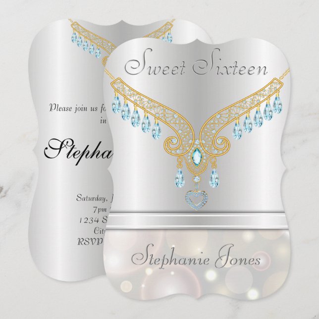 Champagne Bokeh Aquamarine Sweet sixteen Inbjudningar (Fram/baksida)