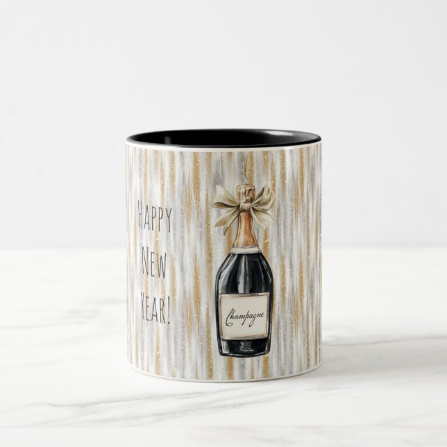 Champagne Bottle Gold Silver Stripes New Year Två-Tonad Mugg (Center)