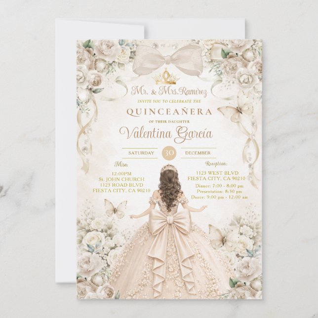 Champagne Bow Floral Quinceañera Princess Inbjudningar (Framsida)