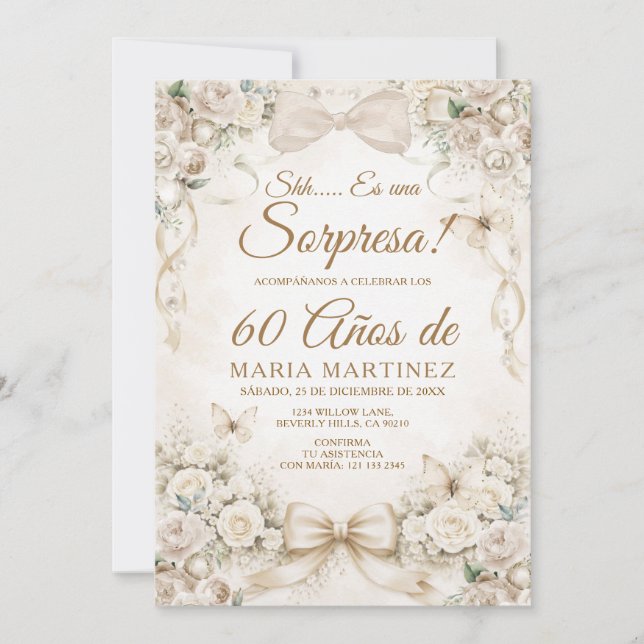 Champagne Bow Floral Sorpresa 60 År Födelsedag Inbjudningar (Framsida)