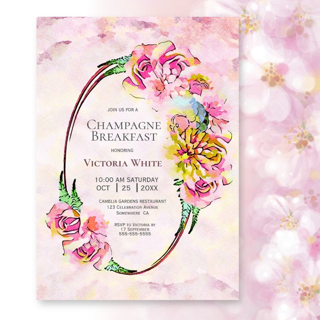 Champagne Breakfast Rosa Blommigt Watercolor Inbjudningar (Skapare uppladdad)