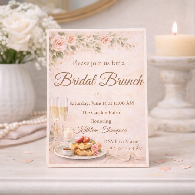 Champagne Bröllopsbrunch Inbjudan (Garden bridal brunch with champagne, waffles, and soft floral accents)