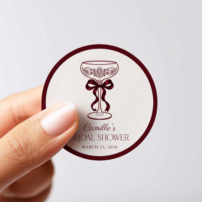 Champagne bröllopsduschgåva runt klistermärke (Champagne Burgundy Bow Bridal Shower Sticker )