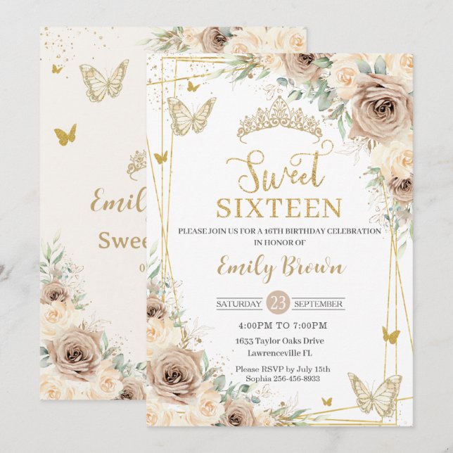 Champagne Brown Blommigt Butterflies Sweet sixteen Inbjudningar (Fram/baksida)