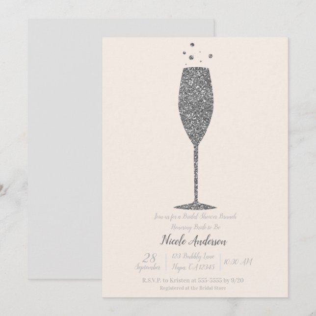 Champagne Bubbel Silver Bröllopsdusch Brunch Inbjudningar (Fram/baksida)